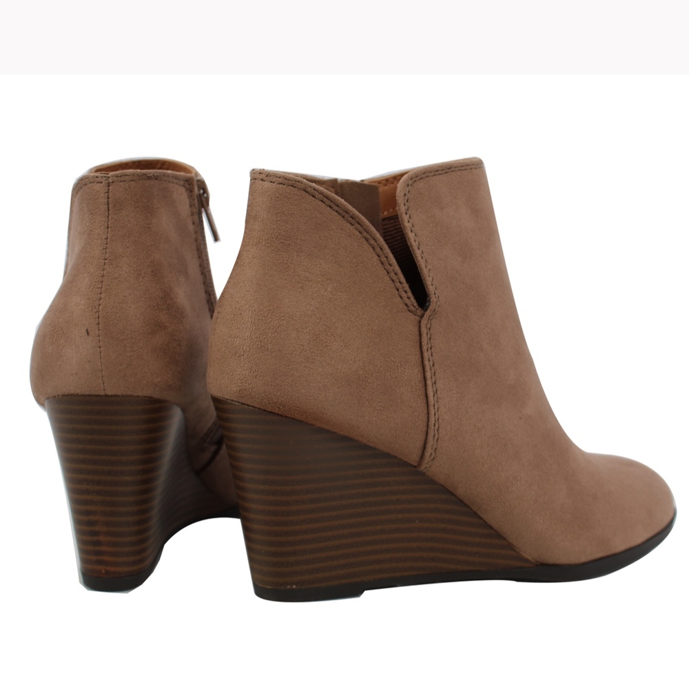 Taupe Faux Suede V cut Stacked Wedge Ankle Bootie - Picture 4 of 7
